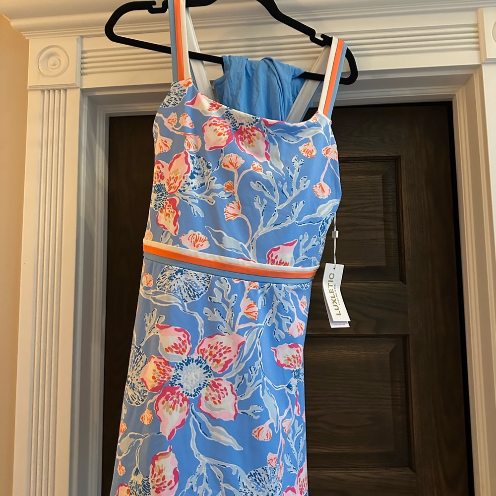 Lilly Pulitzer Luxletic Light Blue Dress with Pink & Coral Floral Print